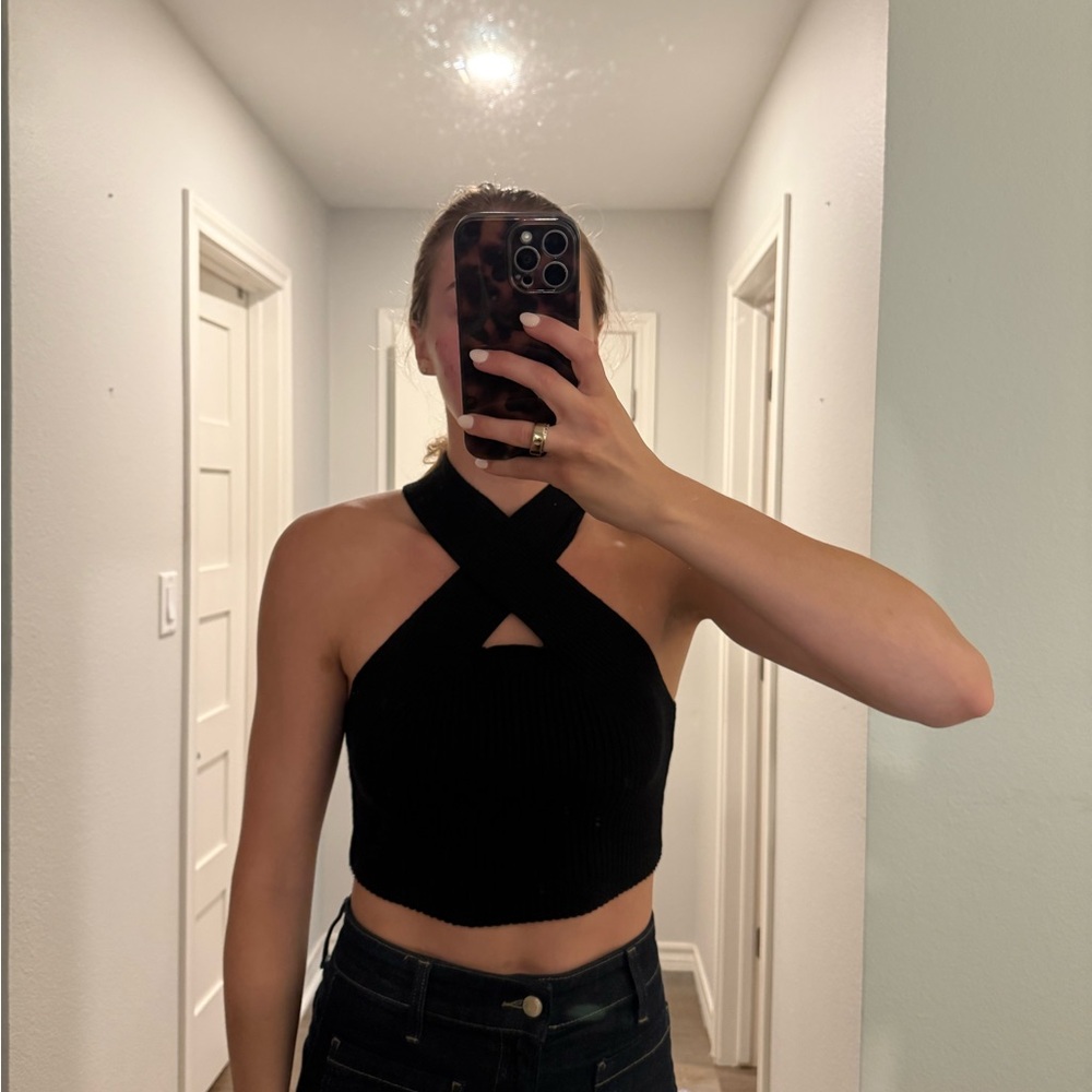 Cider Black Crisscross Halter Ribbed Crop Top